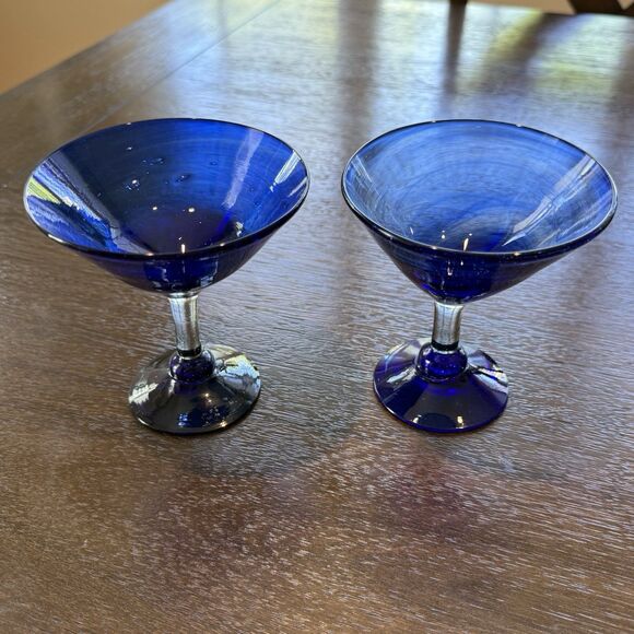 Set of 4 Hand Blown Cobalt Blue Martini / Cocktail Glasses – Clear Stem, Vintage - Picture 15 of 16